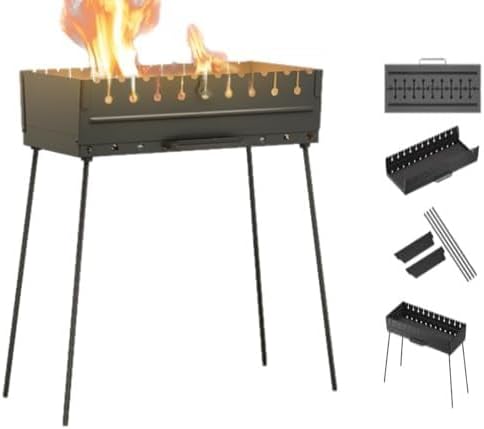 Charcoal Grill for 12 Skewers - Portable BBQ Mangal - Foldable Metal Grill for Shashlik, Kebab, Picnic, Outdoor Cooking (Skewers Not Included)