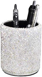 crystal Pencil Pen Pot Holder Box Bling Rhinestone Pen organizer Holder Cosmetic Pen Container (Silver, Round)