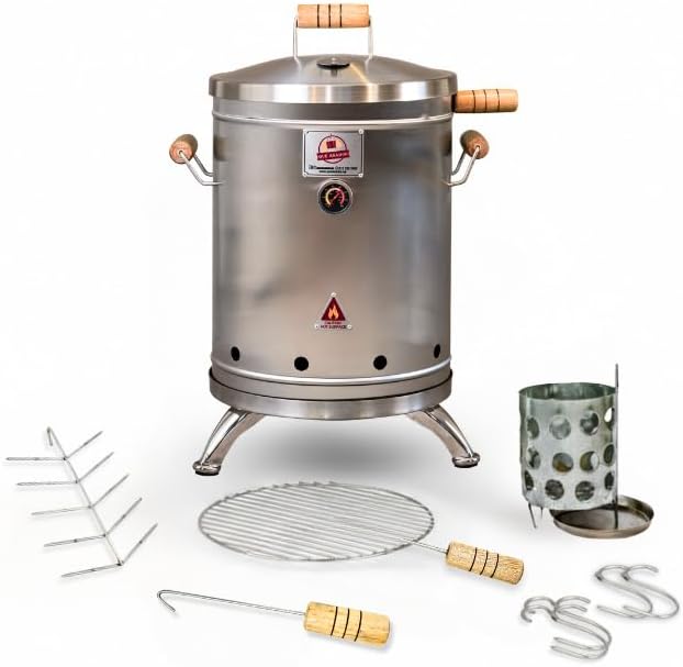 (16 Pound) 2-in-1 Smoker Barrel Vertical Grill - Premium 304 Stainless Steel - Barril Charcoal BBQ Thermometer & Ventilation - Cooking Accessories Meat Kit - Portable Outdoor, Camping - QUE ASADOR