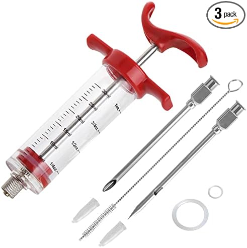 Premium Meat Injector, Marinade Injector Syringe with 2 Meat Needles for BBQ Grill Smoker, Turkey and Cooking 1-oz Capacity, 2 Stainless Needles, 1 Brush, Red