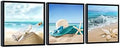 Pyradecor Black Framed Canvas Wall Art 3 Panels Starfish Seashell Bottle Beach Pictures Modern SeascapeSeaview Landscape Artwork for Bedroom Office Decorations