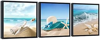 Pyradecor Black Framed Canvas Wall Art 3 Panels Starfish Seashell Bottle Beach Pictures Modern SeascapeSeaview Landscape Artwork for Bedroom Office Decorations