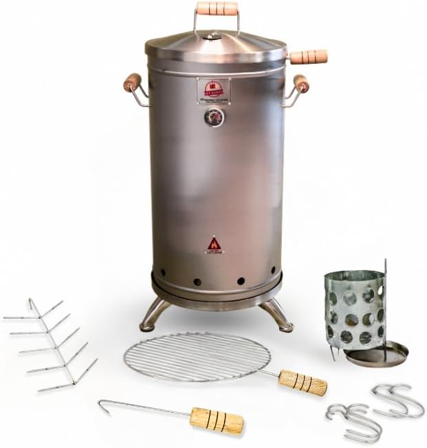 (30 Pound) 2-in-1 Smoker Barrel Vertical Grill - Premium 304 Stainless Steel - Barril Charcoal BBQ Thermometer & Ventilation - Cooking Accessories Meat Kit - Portable Outdoor, Camping - QUE ASADOR