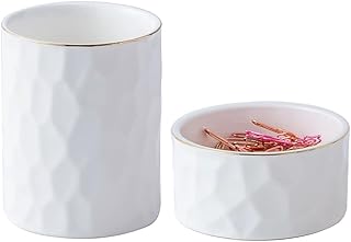 Aesthetic Desk Organizer Set of 2 For Office, Ceramic Pen Holder and Paper Clip Holder Dispenser, Cute Pencil Cup Pot for Desk, Desktop Accessories, Office Decor for women men Ideal Gifts (White Set)
