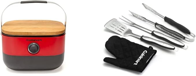 Cuisinart CGG-750 Portable, Venture Gas Grill, Red & CGS-134BL Grilling Tool Set with Grill Glove, Black (3-Piece)