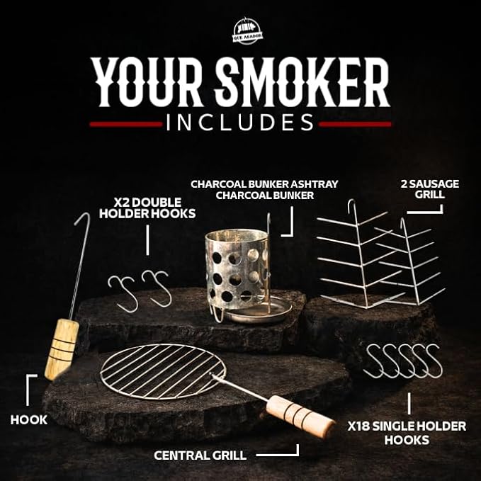 (50 Pound) 2-in-1 Smoker Barrel Vertical Grill - Premium 304 Stainless Steel - Big Barril Charcoal BBQ Thermometer & Ventilation - Cooking Accessories Meat Kit - Portable Outdoor, Camping - QUE ASADOR