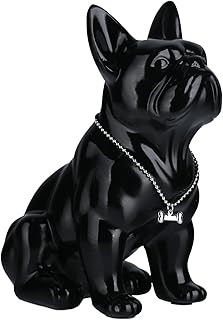 Seated French Bulldog Statue 9-12in Resin Dog Animal Sculpture with Silver Necklace Necklace Living Room Coffee Table Kitchen Countertop Bedroom Bathroom Cabinet Home Decor (Black,7.4*4.3*9in)