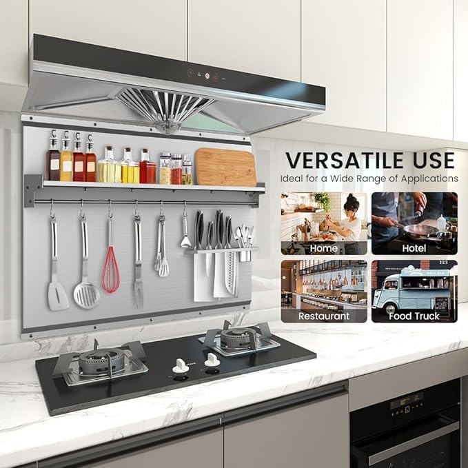 36"x30" Stainless Steel Backsplash for Stove & Range Hood - Range Backsplash with Shelf & Knife Rack, Kitchen Backsplash Wall Shield with Pre-Drilled Holes, Easy Install