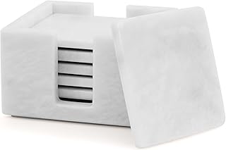 Radicaln White Marble Coasters Set of 6 Handmade 3.5" Inch Square Coasters for Drinks, Elegant Coaster Set with Holder for Dining and Coffee Tables