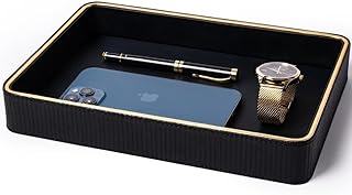 Leather Catchall Valet Tray for Men| Mens Valet Catch All Trays| Bedside Organizer for Nightstand| Cologne Tray for Men| Desk Trays Leather Tray Organizer (Black)