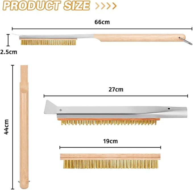 Aolso Pizza Oven Brush, 26" Brush and Stainless Steel Scraper for Pizza Stone, BBQ Grill Cleaning Brush Non Scratch Heat Proof Brass Bristles with Screwdriver, Outdoor Pizza Oven Accessories