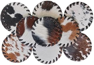 Cowhide Coasters Set of 6 pcs Round Natural Cowhides Drink Pads Hair On Genuine Leather Tea Cup Mats Home Decor & Home Living Ideas Multicolor Furry, Stain Protection