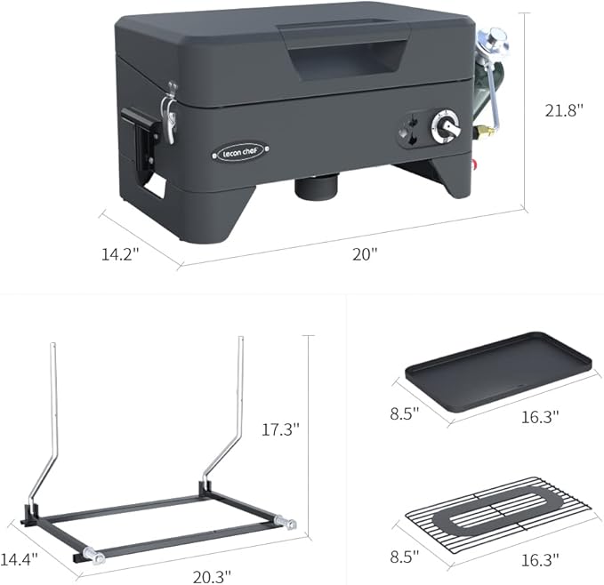 Leconchef 2 in 1 Gas Grill with hood,Portable Griddle Propane for Outdoor,RV,BBQ Camping 16.3 inch,12000 BTU Tabletop and standing
