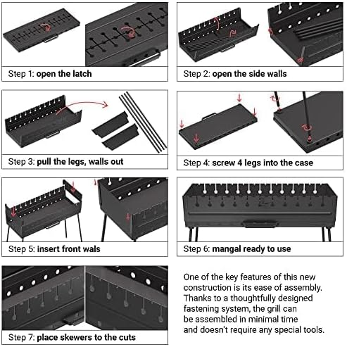 Charcoal Grill for 12 Skewers - Portable BBQ Mangal - Foldable Metal Grill for Shashlik, Kebab, Picnic, Outdoor Cooking (Skewers Not Included)