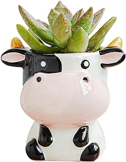 DIYOMR Cute Animal Ceramics Planter Small Succulent Pot Cartoon Shaped Plant Pot for Mini Plants Flower Cactus, Smooth Shiny Ceramic - Plants Not Included (Cow)