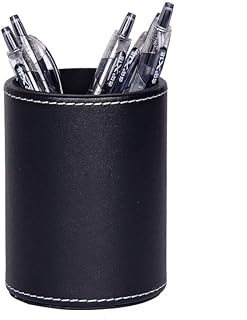 esowemsn 1PC Black PU Leather Round Pencil Pen Cup Holder Stand Desk Organizer Desktop Stationery Container Accessorires for Home, School, Office