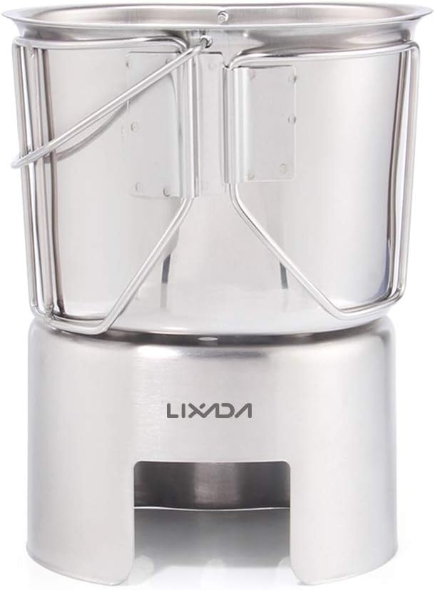 Lixada Camping Cookware Stainless Steel Canteen Cup Hanging Pot with Wood Stove Set for Outdoor Survival Backpacking Hiking Picnic