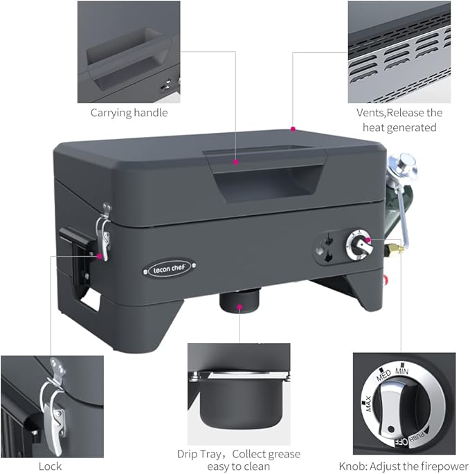 Leconchef 2 in 1 Gas Grill with hood,Portable Griddle Propane for Outdoor,RV,BBQ Camping 16.3 inch,12000 BTU Tabletop and standing