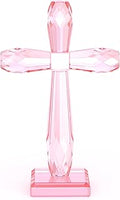 YWHL Handmade Crystal Standing Cross Decor, Religious Gifts for Women Men, Holy Cross for Easter Pary, Art Collectible Figurines for Home Table (Pink)