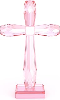 YWHL Handmade Crystal Standing Cross Decor, Religious Gifts for Women Men, Holy Cross for Easter Pary, Art Collectible Figurines for Home Table (Pink)