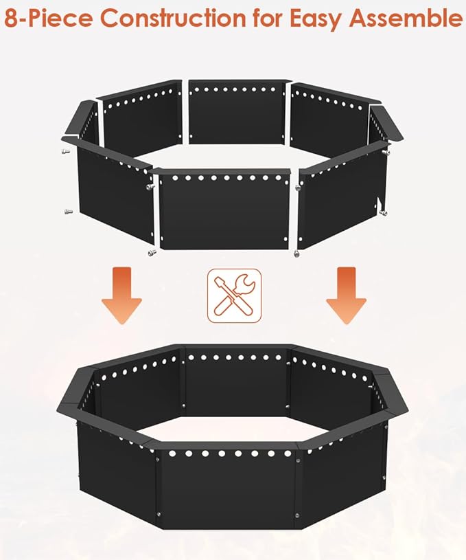 Mocomax Smokeless Fire Pit Ring 32-Inch Outer 28-Inch Inner Diameter, Large Solid Steel Firepit Liner for Outside Wood Burning, DIY Campfire Ring Above or In-Ground for Outdoor, Octagonal