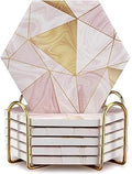 6 Pack Pink Marble Coasters with Holder Gold Absorbent Drink Unique Coaster Cute Ceramic Table Coaster Set Funny Kitchen Accessories Decorative Bar Coster Modern Coffee Table Decor Cup Coasters