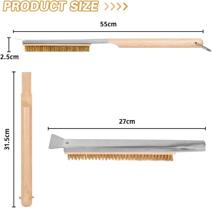 Aolso Pizza Oven Brush, 21" Brush and Stainless Steel Scraper for Pizza Stone, BBQ Grill Cleaning Brush Non Scratch Heat Proof Brass Bristles with Screwdriver, Outdoor Pizza Oven Accessories