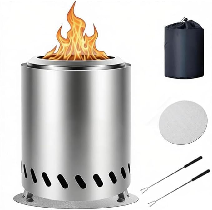 Tabletop Firepit 9.7 x 7.1 Inch, Portable Mini Smokeless Table Top Fire Pit, Low Smoke Camping Stove for Pellets or Wood with Heat-Resistant Mat, Travel Bag & 2 Roasting Sticks, Silver