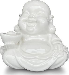 Houlu Small Laughing Buddha Statue for Good Luck, Ceramic White Lucky Happy Buddha Figurine for Home Decor, Office Decor, Garden Decor, Indoor/Outdoor