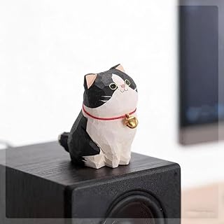 Hand-Carved Wooden Black and White Tuxedo Cat Figurine – Mini Cat Statue for Desk, Home & Car Dashboard Decor, Collectible Craft Gift for Cat Lovers