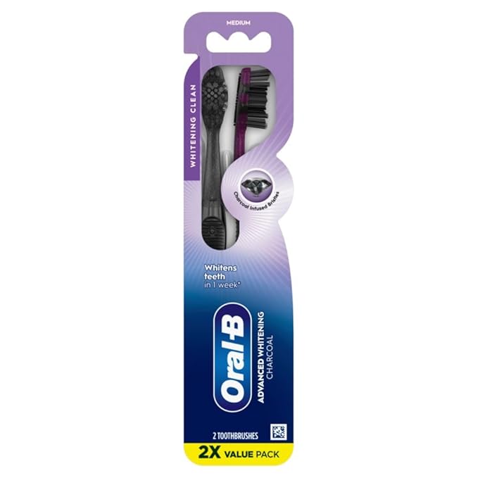 Oral-B 3D White Charcoal Toothbrush, 2 Count Medium Manual tootbrush Pack, Whitens Teeth, removes Plaque and Stains, Tongue Scraper Tooth Brush