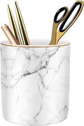 Pen Holder for Desk Cute, Modern Marble Desk Organizer, Durable Ceramic Pencil Cup, Makeup Brush Holder Cup, Multifunctional Office Stationery Holder for Women, Men, White Marble