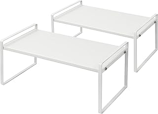 Nxconsu 2 Pack Cabinet Shelf Organizer 16.1"x8.3"x7.3" White, Stackable Kitchen Counter Shelf Riser, Heavy Duty 3mm Steel Storage Rack for Pantry Cupboard Bathroom Under Sink, 50lbs Capacity, Non-Slip