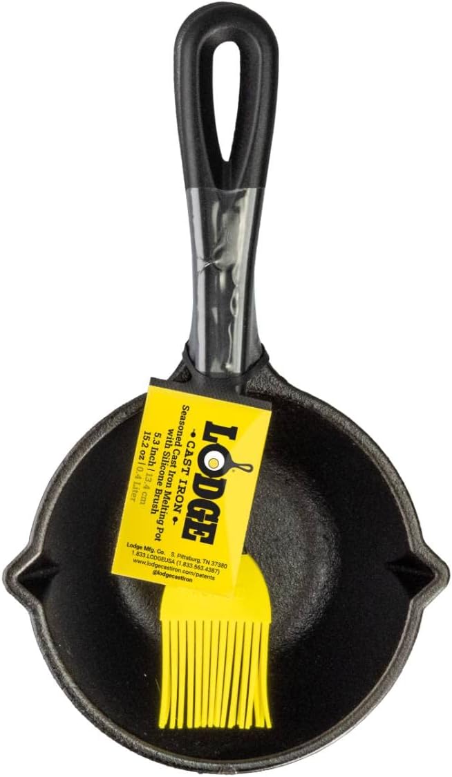 Lodge 15.2 Ounce Cast Iron Melting Pot + Silicone Basting Brush - Unparalleled Heat Retention - Heat Resistant Basting Brush up to 450° - Black and Yellow