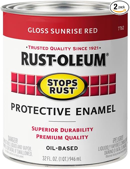 Rust-Oleum 7762502-2PK Stops Rust Brush On Paint, Quart, Gloss Sunrise Red, (Pack of 2)