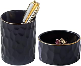 Aesthetic Desk Organizer Set of 2 For Office, Ceramic Pen Holder and Paper Clip Holder Dispenser, Cute Pencil Cup Pot for Desk, Desktop Accessories For Women Men, Office Decor Ideal Gifts (Black Set)