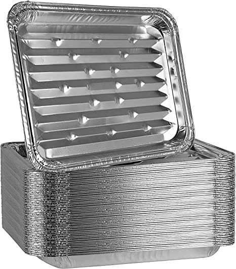 PLASTICPRO 50 Pack Disposable Aluminum Grill Liners Toppers Aluminum Foil Broiler Pans Durable Ribbed Grill Drip Pans 9x13