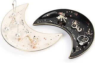 LotFancy Jewelry Tray, 2Pcs Decorative Moon Trinket Tray for Rings Earrings Necklaces Bracelet Keys, Ceramic Ring Holder Dish Room Decor Aesthetic, Wedding Engagement Gift, White and Black
