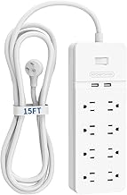 Flat Plug Extension Cord 15Ft - NTONPOWER 8 Outlets Surge Protector Power Strip with 2 USB, Overload Protection, 1080 Joules, ETL Listed, 15A/1850W, Wall Mountable for Home Office and Workbench, White
