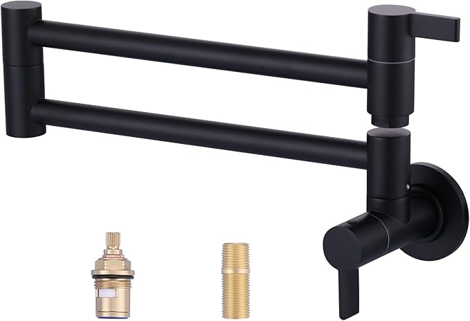 Pot Filler Faucet Matte Black, ARCORA Modern Pot Filler Wall Mount 2 Handle with Double Joint Swing Arms Brass Stove Faucet