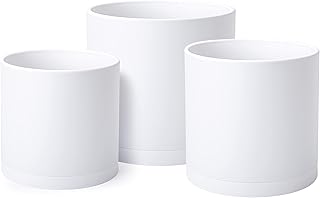 D'vine Dev 6 Inch 6.5 Inch 8 Inch, Set of 3 Plastic Planter Pots for Plants with Drainage Hole and Seamless Saucers, White Color, Medium, 74-V-A-3