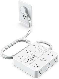 Power Strip Flat Plug with 12 Outlets 6 USB(2 USB C),SMNICE Power Strip Charging Station with Overload Protection,5ft Extension Cord Widely Spaced Multiple Outlets for Home Office Dorm Essentials