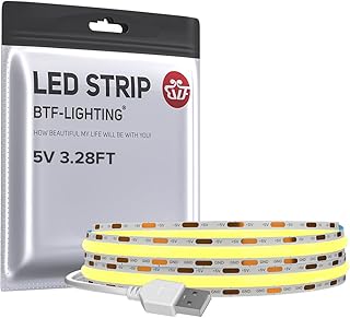 BTF-LIGHTING FCOB USB Powered Warm White 3000K COB LED Strip Lights 3.28FT 320LEDs 5V 8mm Width 90+ High CRI Ultra Bright Flexible Light for 3D Printer TV Backlight Display Cabinet PC DIY Decor