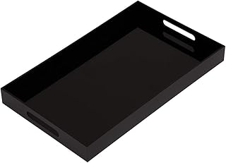 Glossy Black Sturdy Acrylic Serving Tray with Handles-12x20Inch-Serving Coffee,Appetizer,Breakfast,Butler-Kitchen Countertop Makeup Drawer Organizer-Vanity Table Ottoman Decorative Tray