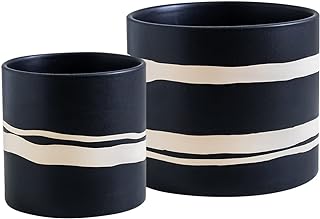 Nihow Modern Ceramic Plant Pot - 5 + 7 Inch Flower Pot for All Indoor Plants - Sturdy Planter Pots with Drainage Hole & Rubber Plugs - Semi-Matte Black & Nature - Plants Not Included