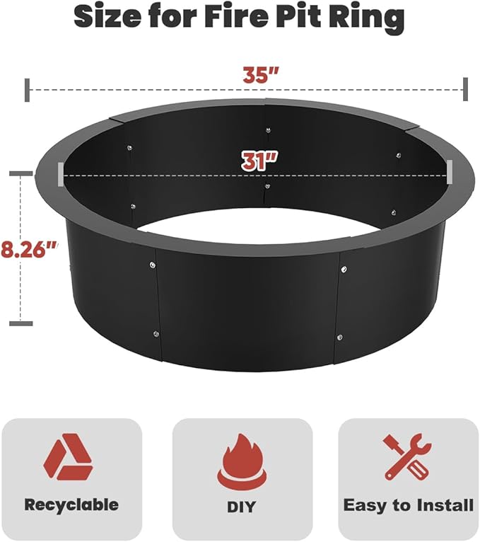 31 Inch Inner Round Fire Pit Ring Insert for Outside Wood Burning, 35 Inch Outer 31 Inch Inner DIY Outdoor Fire Pit Liner Ring for Garden, Patio, Backyard or Camping, 1.5mm Thick Metal Steel