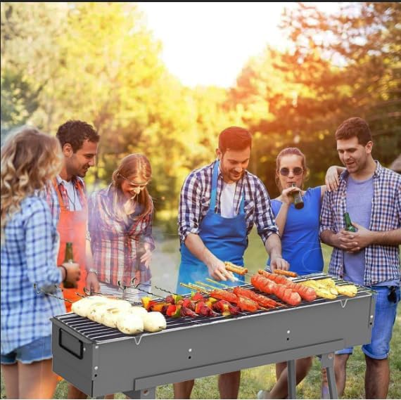 Portable Charcoal Grills, Stainless Steel BBQ Grill with Foldable Stand Adjustable Air Vents, Kebab Skewer BBQ Barbecue Grill Kit for Garden Backyard Party Picnic Travel Outdoor Use (31.6x7.1inch)