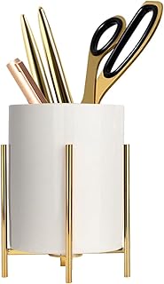 Gold Pencil Cup Sturdy Metal Frame With White Ceramic Pen Holder For Desks and kitchen Appliance Holders