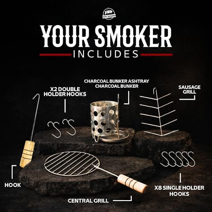 (16 Pound) 2-in-1 Smoker Barrel Vertical Grill - Premium 304 Stainless Steel - Barril Charcoal BBQ Thermometer & Ventilation - Cooking Accessories Meat Kit - Portable Outdoor, Camping - QUE ASADOR
