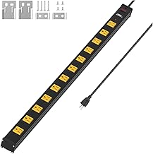 CRST 12-Outlet Metal Long Power Strip, Heavy Duty 1800 Joule Surge Protector Wall Mount Power Strip, 6FT Wide Spaced Workshop Garage Industrial Power Bar, 15A Circuit Breaker, ETL Listed